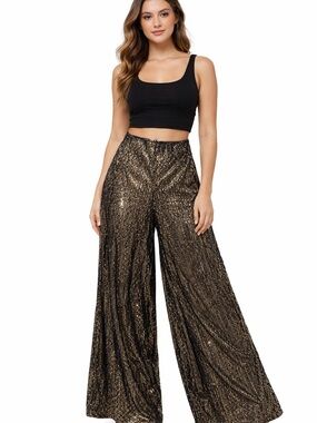Metallic Black Gold Wide Leg High waist Palazzo Pants